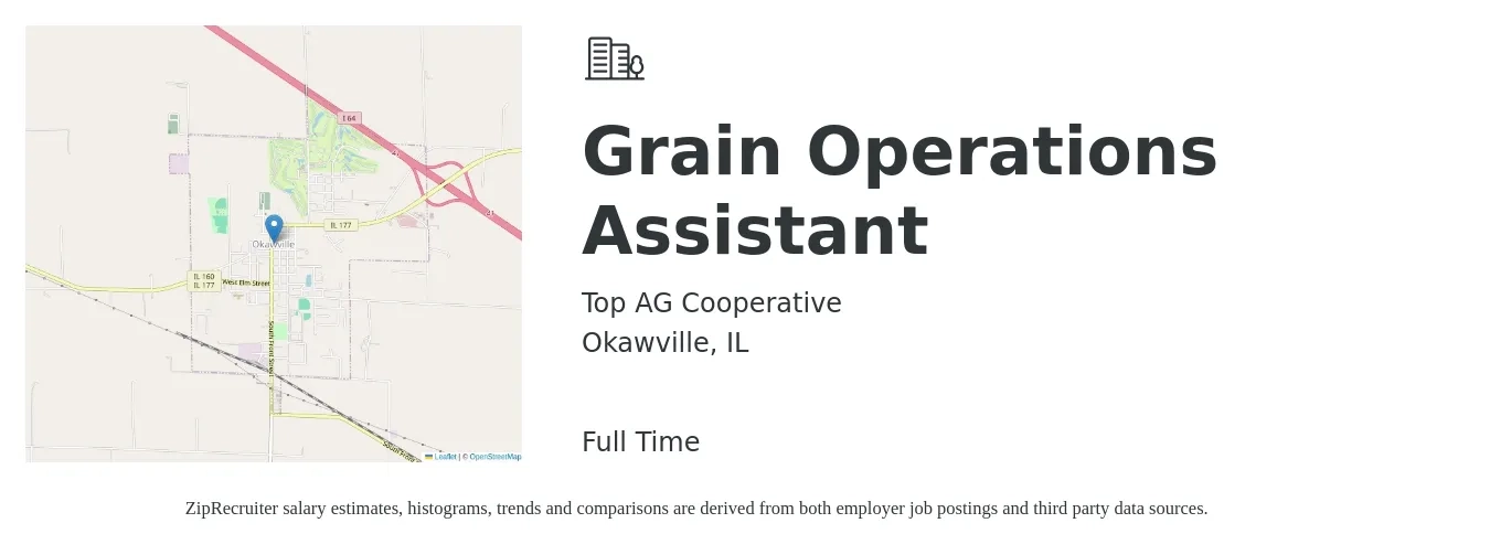 Top AG Cooperative job posting for a Grain Operations Assistant in Okawville, IL with a salary of $15 to $22 Hourly with a map of Okawville location.