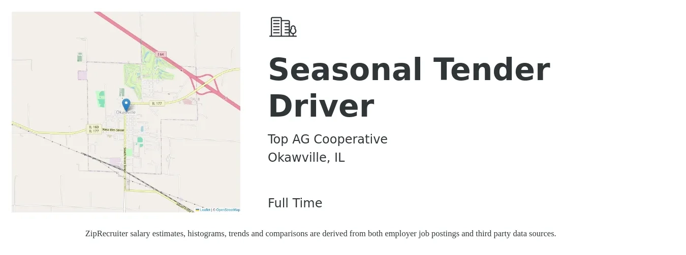 Top AG Cooperative job posting for a Seasonal Tender Driver in Okawville, IL with a salary of $14 to $19 Hourly with a map of Okawville location.