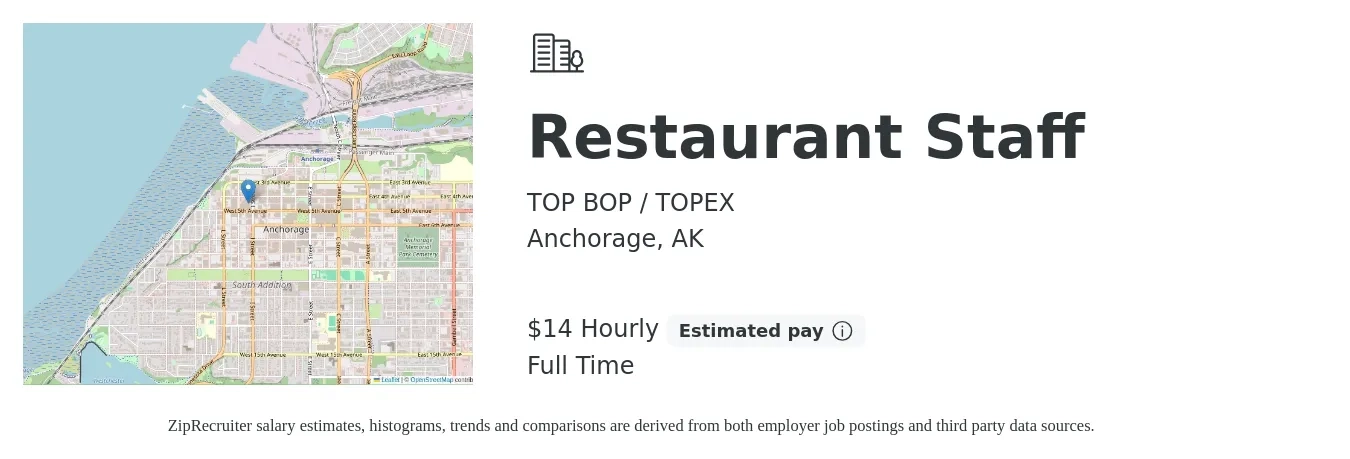 TOP BOP / TOPEX job posting for a Restaurant Staff in Anchorage, AK with a salary of $15 Hourly with a map of Anchorage location.