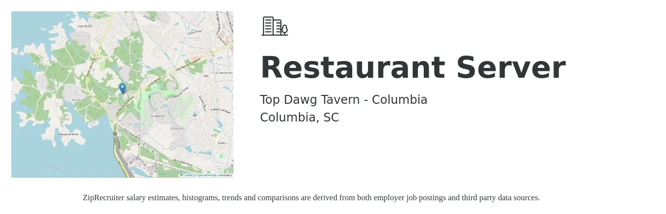 Top Dawg Tavern - Columbia job posting for a Restaurant Server in Columbia, SC with a salary of $9 to $14 Hourly with a map of Columbia location.