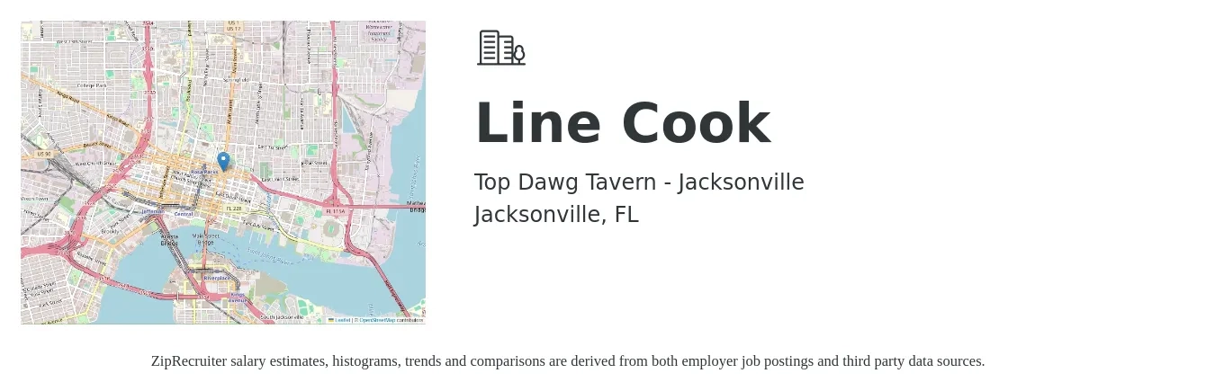 Top Dawg Tavern - Jacksonville job posting for a Line Cook in Jacksonville, FL with a salary of $14 to $17 Hourly with a map of Jacksonville location.
