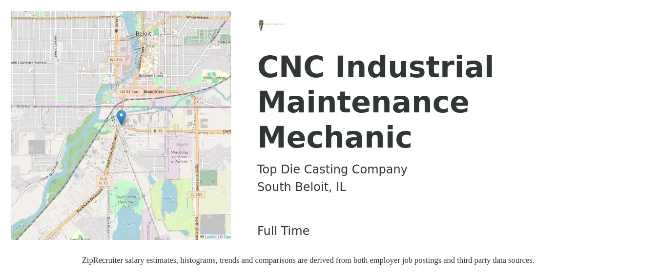 Top Die Casting Company job posting for a CNC Industrial Maintenance Mechanic in South Beloit, IL with a salary of $20 to $25 Hourly with a map of South Beloit location.