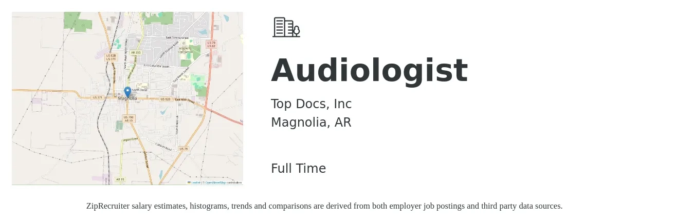 Top Docs, Inc job posting for a Audiologist in Magnolia, AR with a salary of $68,200 to $95,300 Yearly with a map of Magnolia location.