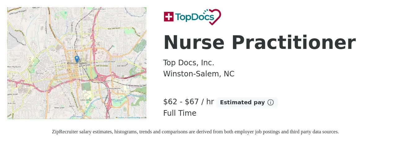 Top Docs, Inc. job posting for a Nurse Practitioner in Winston-Salem, NC with a salary of $65 to $70 Hourly with a map of Winston-Salem location.