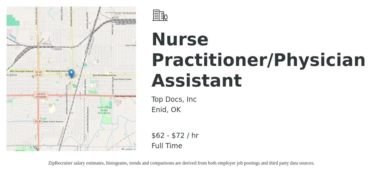 Top Docs, Inc job posting for a Nurse Practitioner/Physician Assistant in Enid, OK with a salary of $65 to $75 Hourly with a map of Enid location.