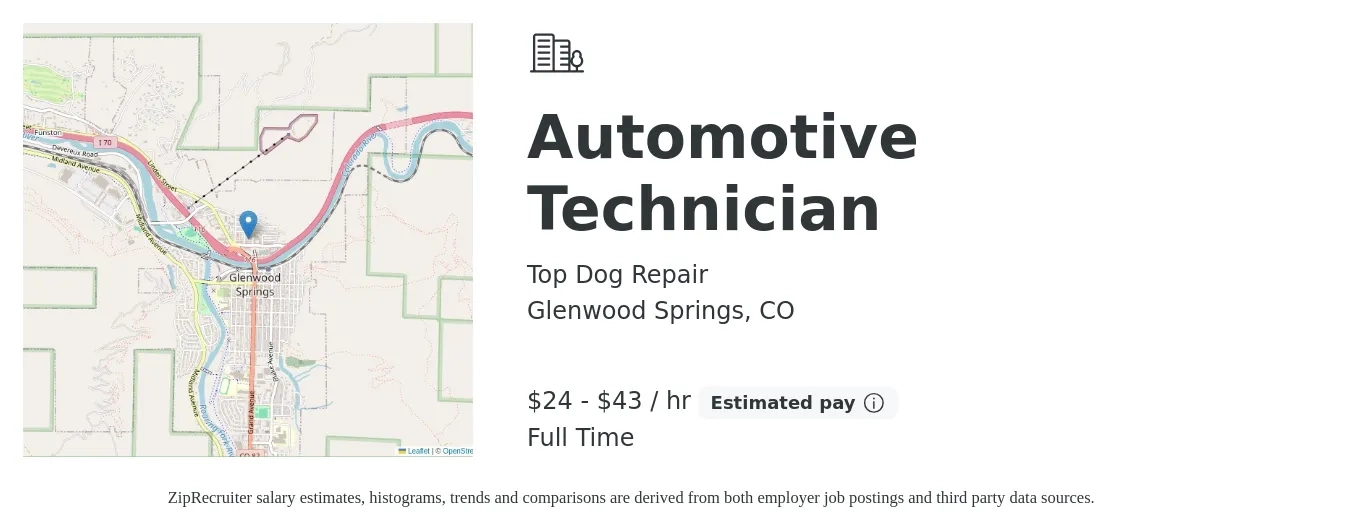 Top Dog Repair job posting for a Automotive Technician in Glenwood Springs, CO with a salary of $25 to $45 Hourly with a map of Glenwood Springs location.