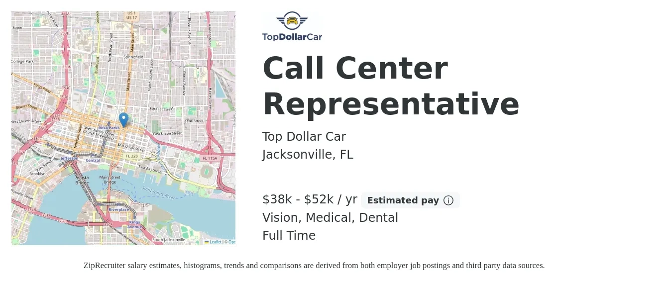 Top Dollar Car job posting for a Call Center Representative in Jacksonville, FL with a salary of $38,000 to $52,000 Yearly and benefits including medical, vision, and dental with a map of Jacksonville location.