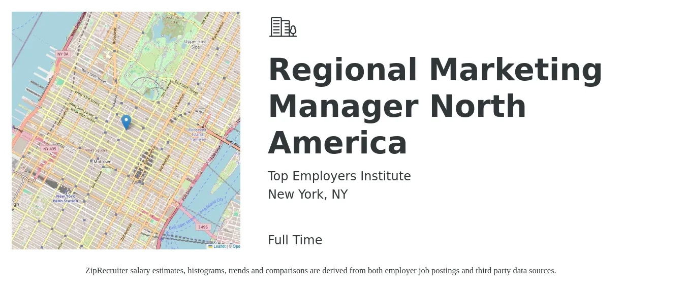 Top Employers Institute job posting for a Regional Marketing Manager North America in New York, NY with a salary of $56,700 to $93,000 Yearly with a map of New York location.