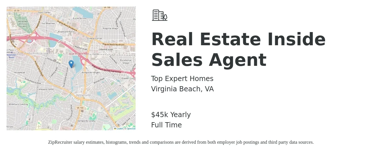 Top Expert Homes job posting for a Real Estate Inside Sales Agent in Virginia Beach, VA with a salary of $45,000 Yearly with a map of Virginia Beach location.
