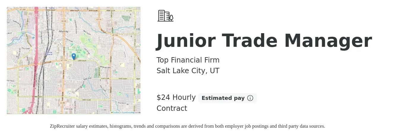 Top Financial Firm job posting for a Junior Trade Manager in Salt Lake City, UT with a salary of $25 Hourly with a map of Salt Lake City location.