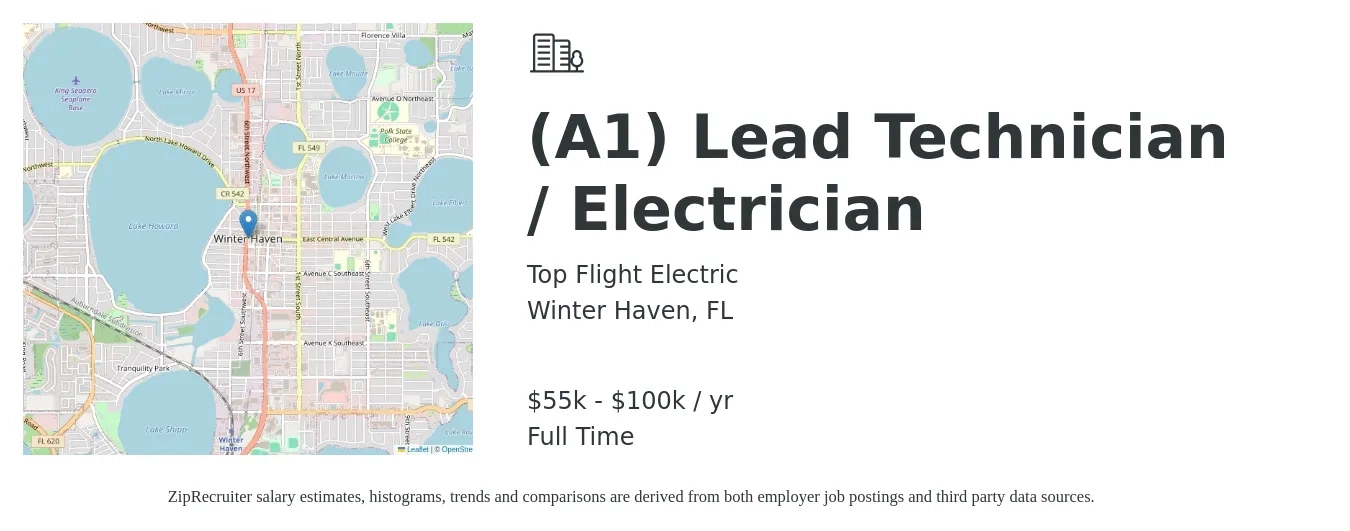 Top Flight Electric job posting for a (A1) Lead Technician / Electrician in Winter Haven, FL with a salary of $55,000 to $100,000 Yearly with a map of Winter Haven location.
