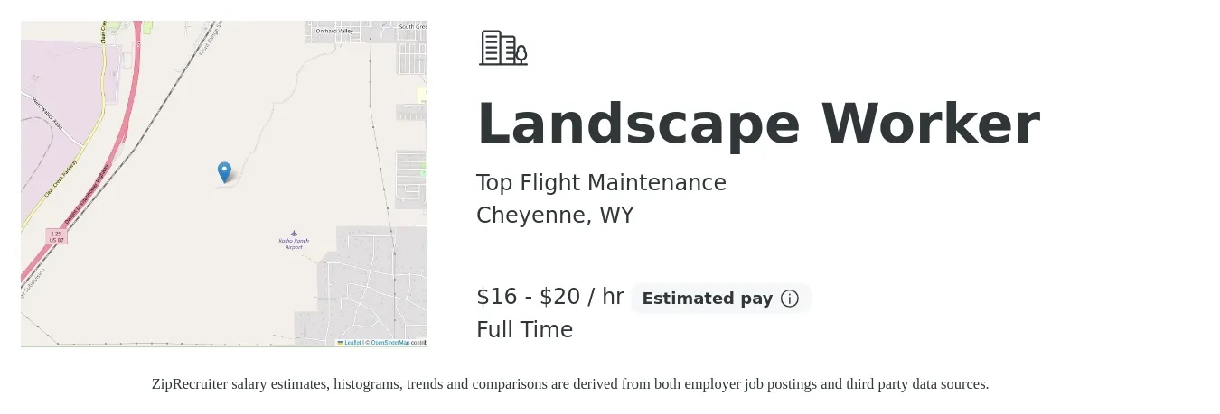 Top Flight Maintenance job posting for a Landscape Worker in Cheyenne, WY with a salary of $17 to $21 Hourly with a map of Cheyenne location.
