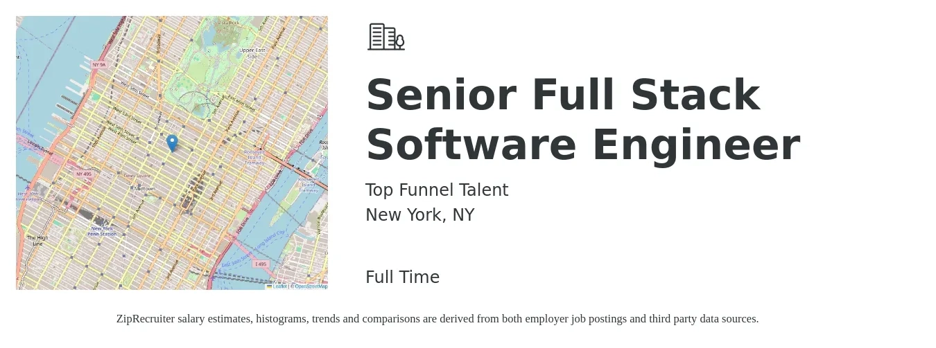 Top Funnel Talent job posting for a Senior Full Stack Software Engineer in New York, NY with a salary of $121,400 to $172,900 Yearly with a map of New York location.