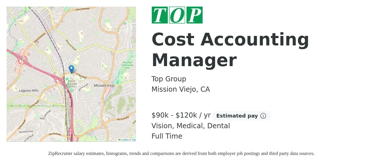 Top Group job posting for a Cost Accounting Manager in Mission Viejo, CA with a salary of $90,000 to $120,000 Yearly and benefits including dental, life_insurance, medical, pto, retirement, and vision with a map of Mission Viejo location.