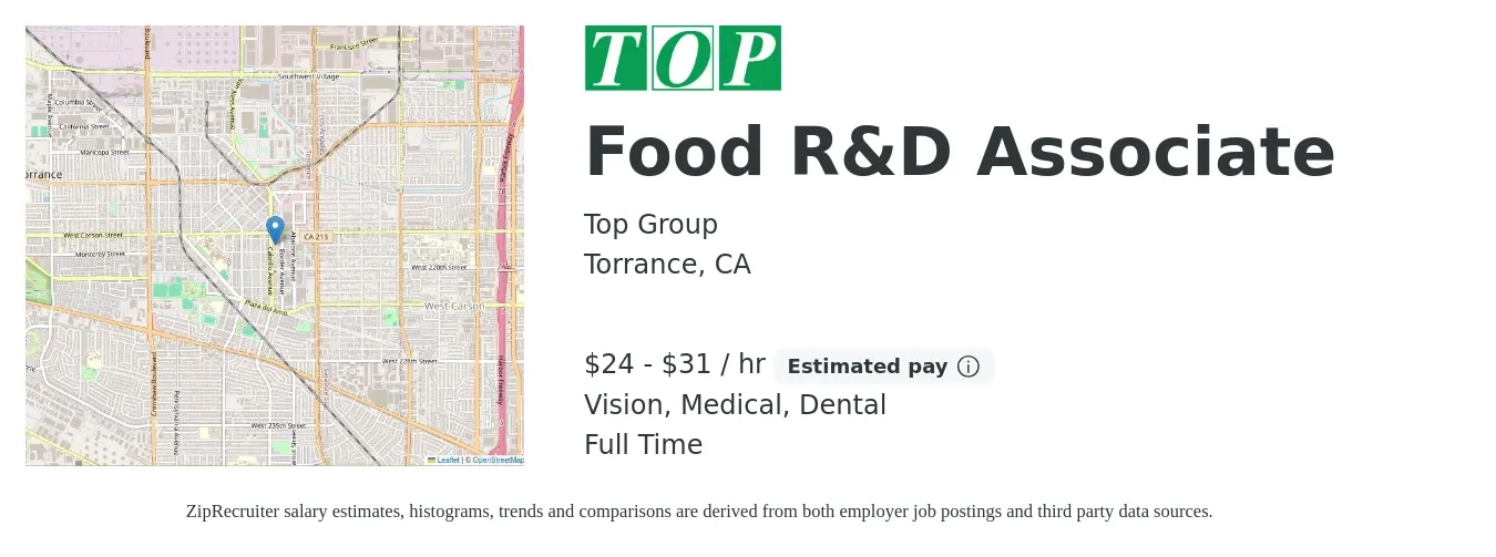 Top Group job posting for a Food R&D Associate in Torrance, CA with a salary of $25 to $33 Hourly and benefits including retirement, vision, dental, life_insurance, and medical with a map of Torrance location.