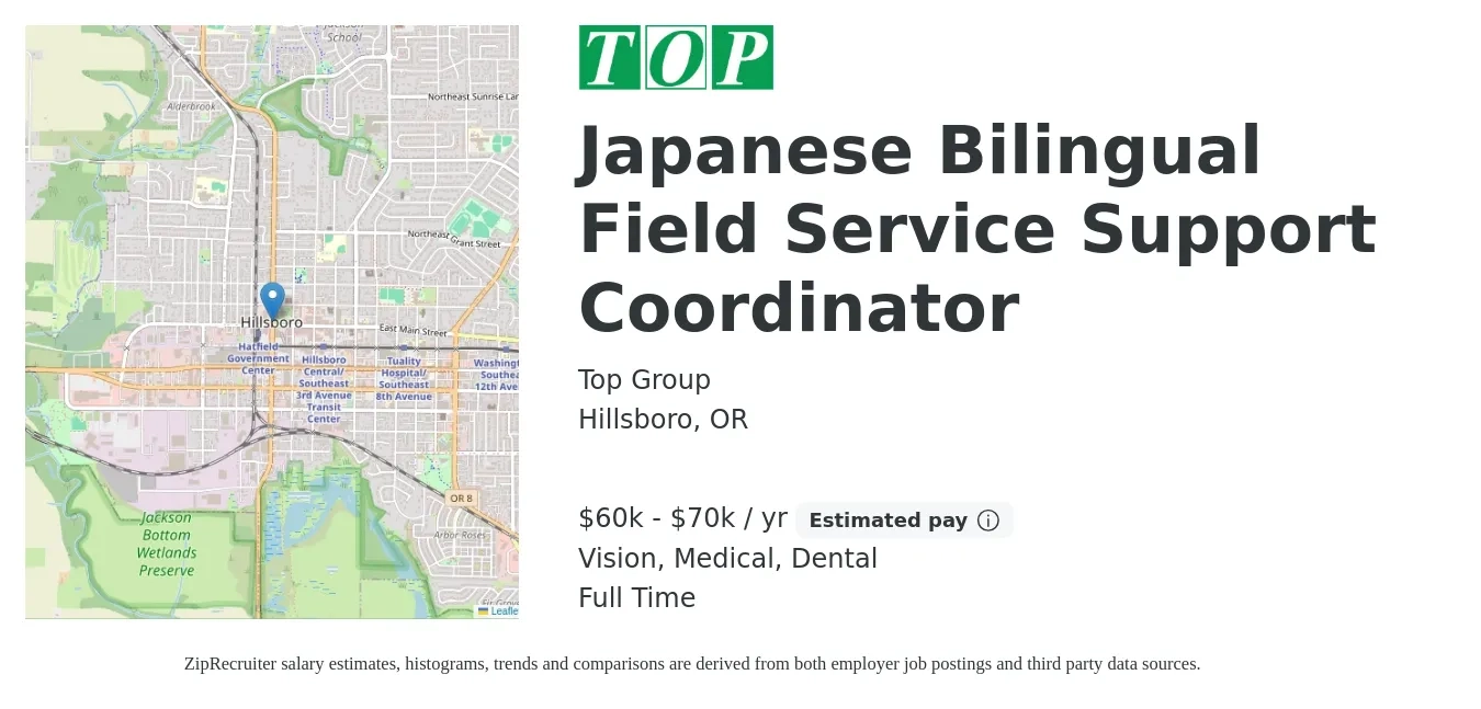 Top Group job posting for a Japanese Bilingual Field Service Support Coordinator in Hillsboro, OR with a salary of $60,000 to $70,000 Yearly and benefits including dental, life_insurance, medical, pto, retirement, and vision with a map of Hillsboro location.