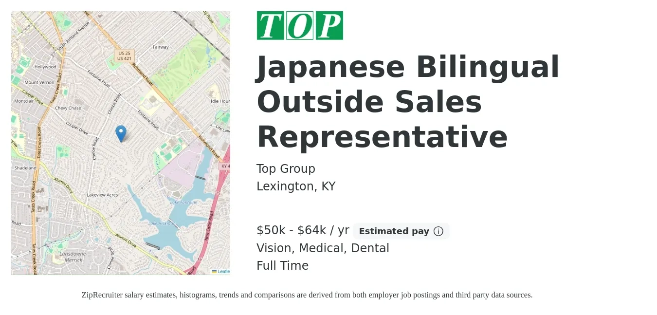 Top Group job posting for a Japanese Bilingual Outside Sales Representative in Lexington, KY with a salary of $50,000 to $64,000 Yearly and benefits including dental, medical, and vision with a map of Lexington location.