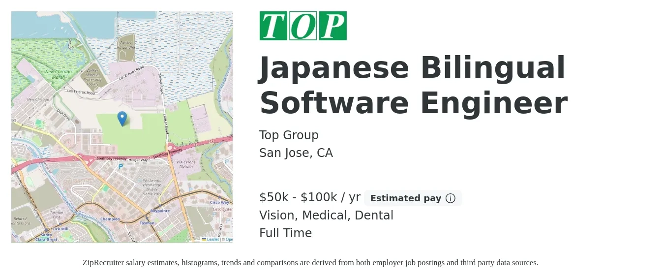 Top Group job posting for a Japanese Bilingual Software Engineer in San Jose, CA with a salary of $50,000 to $100,000 Yearly and benefits including retirement, vision, dental, life_insurance, and medical with a map of San Jose location.