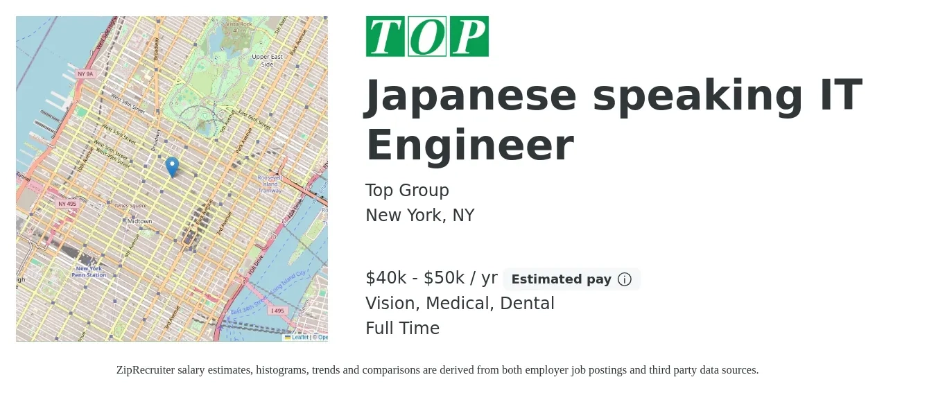 Top Group job posting for a Japanese speaking IT Engineer in New York, NY with a salary of $40,000 to $50,000 Yearly and benefits including vision, dental, and medical with a map of New York location.