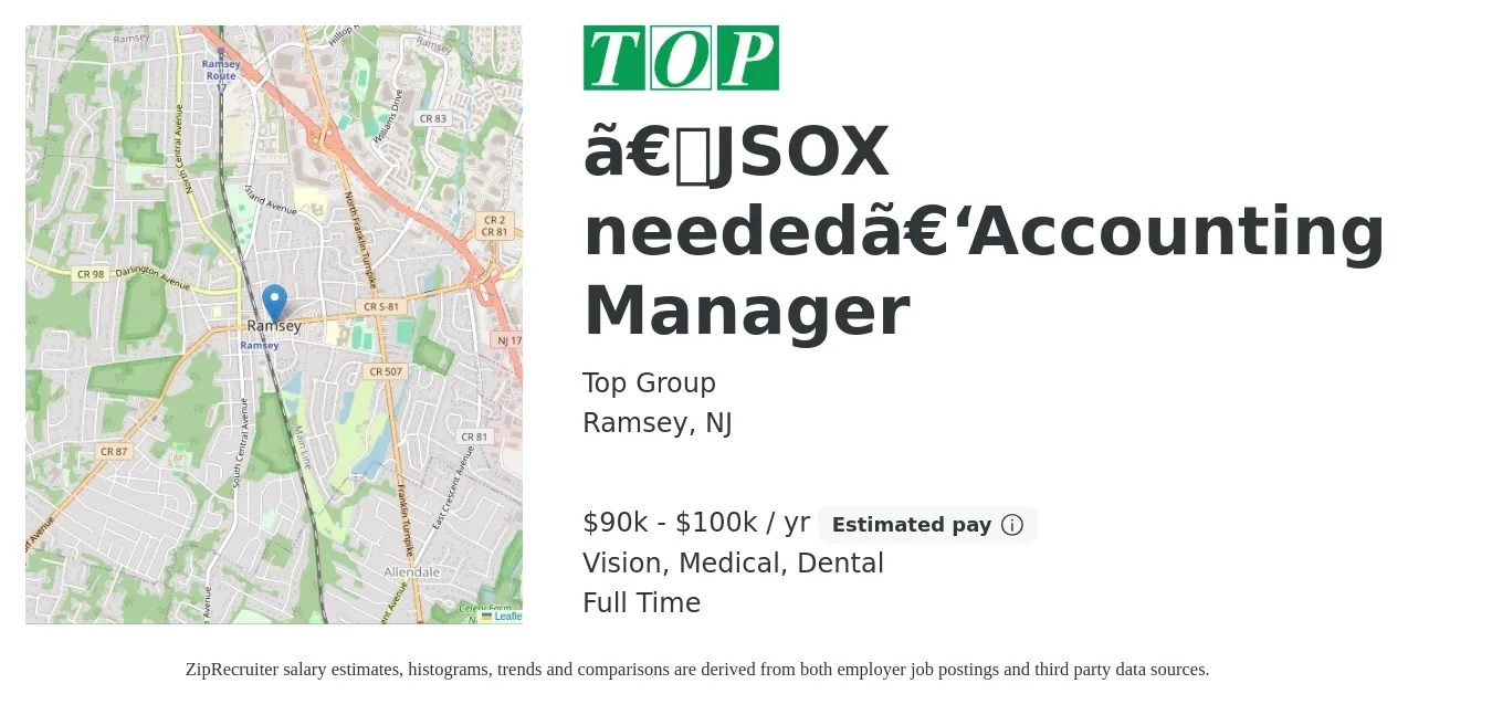 Top Group job posting for a 【JSOX needed】Accounting Manager in Ramsey, NJ with a salary of $90,000 to $100,000 Yearly and benefits including pto, retirement, vision, dental, life_insurance, and medical with a map of Ramsey location.