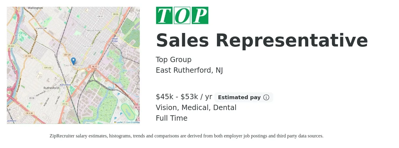 Top Group job posting for a Sales Representative in East Rutherford, NJ with a salary of $45,000 to $53,000 Yearly and benefits including pto, vision, dental, and medical with a map of East Rutherford location.