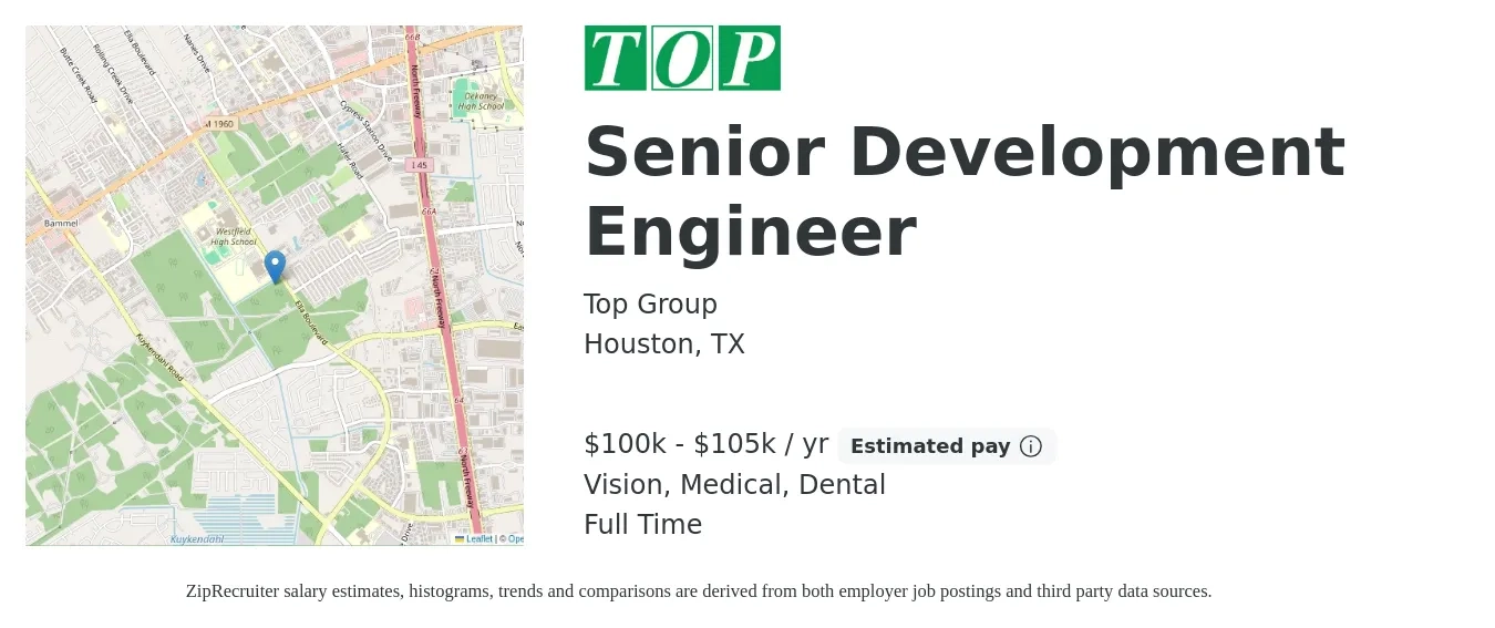 Top Group job posting for a Senior Development Engineer in Houston, TX with a salary of $100,000 to $105,000 Yearly and benefits including dental, medical, pto, retirement, and vision with a map of Houston location.