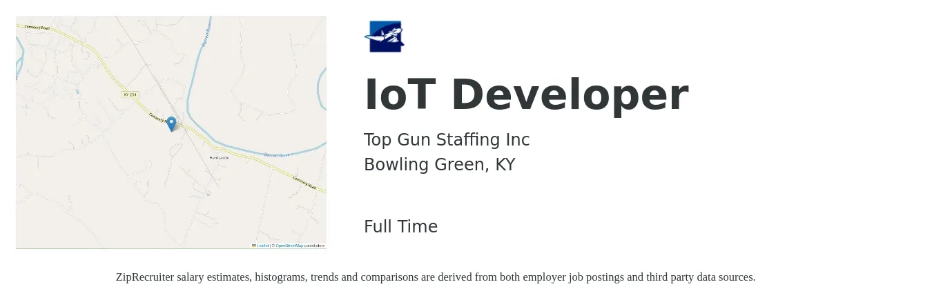 Top Gun Staffing Inc job posting for a IoT Developer in Bowling Green, KY with a salary of $88,200 to $127,400 Yearly with a map of Bowling Green location.