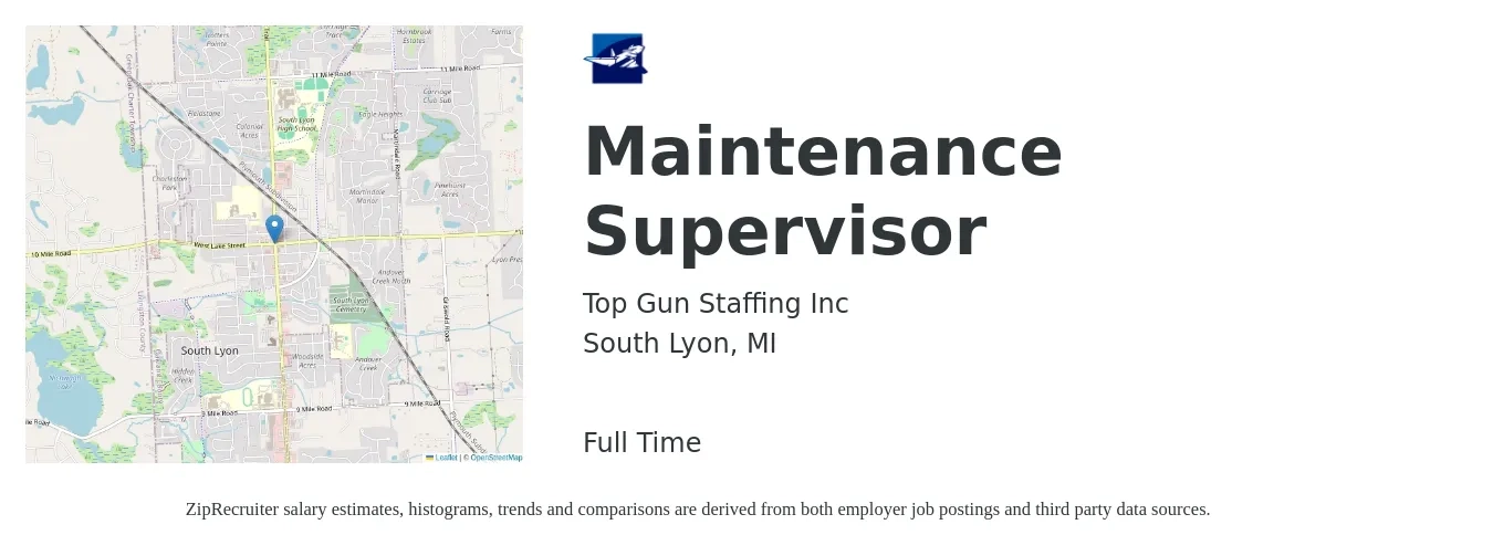 Top Gun Staffing Inc job posting for a Maintenance Supervisor in South Lyon, MI with a salary of $22 to $37 Hourly with a map of South Lyon location.