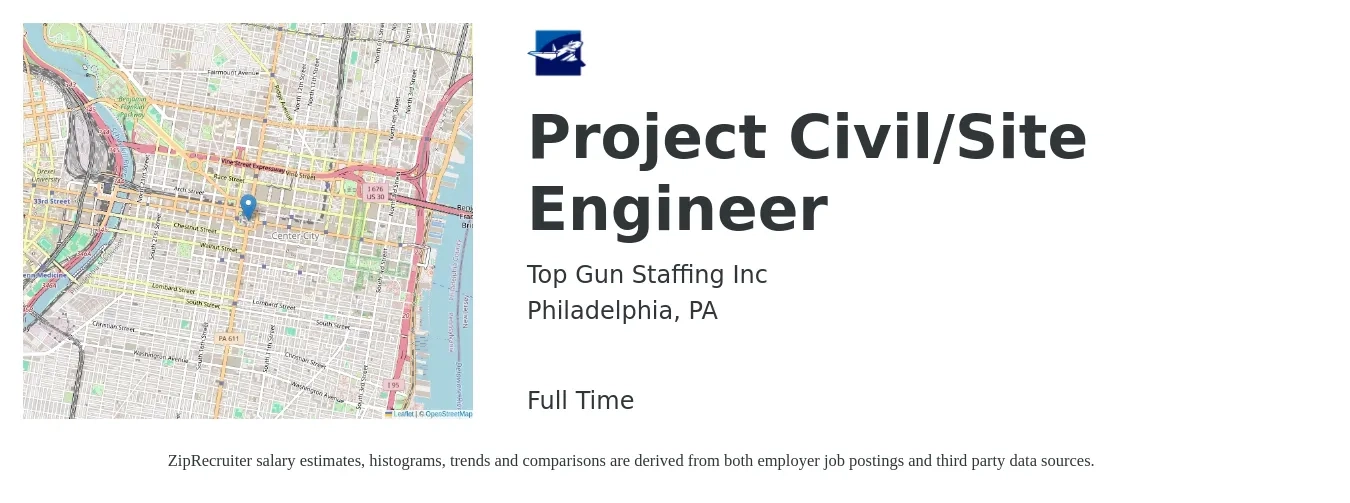 Top Gun Staffing Inc job posting for a Project Civil/Site Engineer in Philadelphia, PA with a salary of $81,200 to $108,500 Yearly with a map of Philadelphia location.