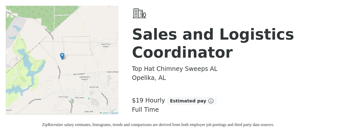 Top Hat Chimney Sweeps AL job posting for a Sales and Logistics Coordinator in Opelika, AL with a salary of $20 Hourly with a map of Opelika location.