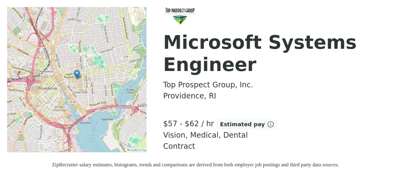 Top Prospect Group, Inc. job posting for a Microsoft Systems Engineer in Providence, RI with a salary of $60 to $65 Hourly and benefits including vision, dental, life_insurance, medical, and retirement with a map of Providence location.