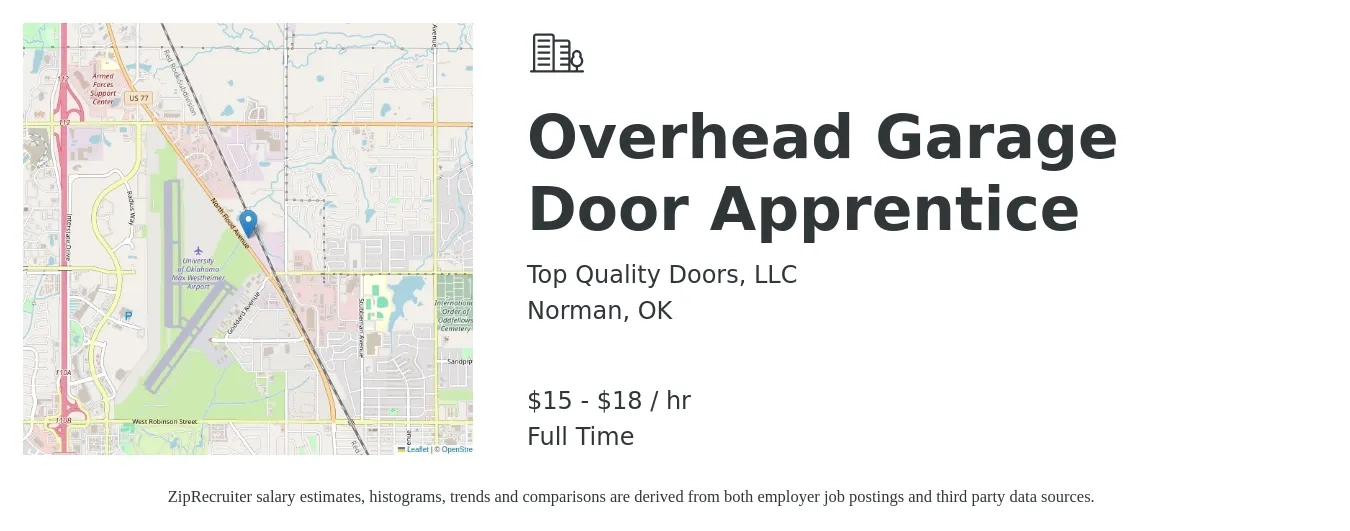 Top Quality Doors, LLC job posting for a Overhead Garage Door Apprentice in Norman, OK with a salary of $16 to $19 Hourly with a map of Norman location.