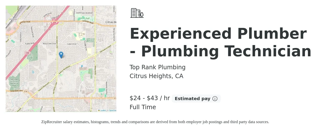 Top Rank Plumbing job posting for a Experienced Plumber - Plumbing Technician in Citrus Heights, CA with a salary of $25 to $45 Hourly with a map of Citrus Heights location.