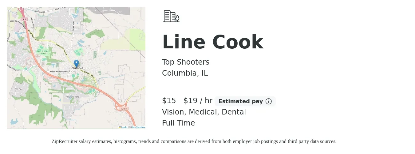 Top Shooters job posting for a Line Cook in Columbia, IL with a salary of $16 to $20 Hourly and benefits including vision, dental, medical, and pto with a map of Columbia location.