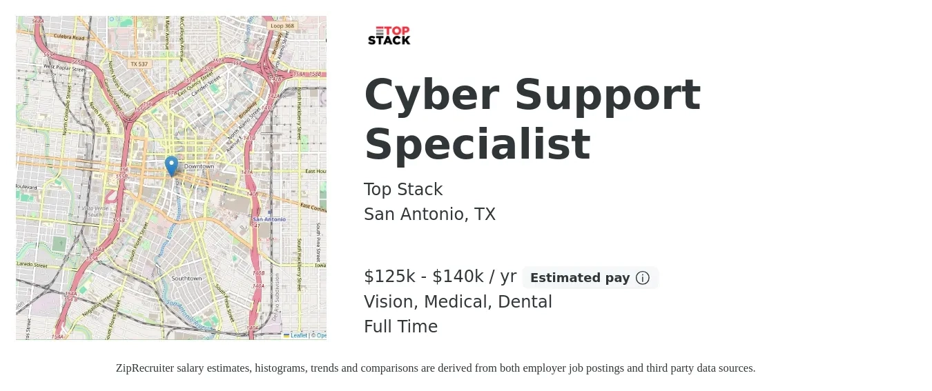 Top Stack job posting for a Cyber Support Specialist in San Antonio, TX with a salary of $125,000 to $140,000 Yearly and benefits including life_insurance, medical, retirement, vision, and dental with a map of San Antonio location.