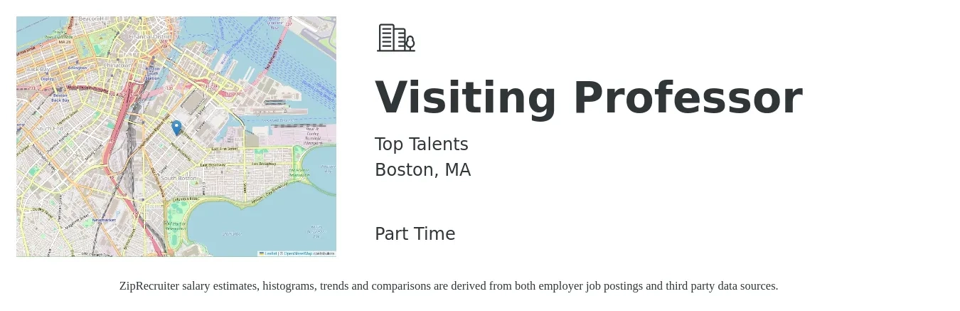 Top Talents job posting for a Visiting Professor in Boston, MA with a salary of $65,200 to $99,400 Yearly with a map of Boston location.