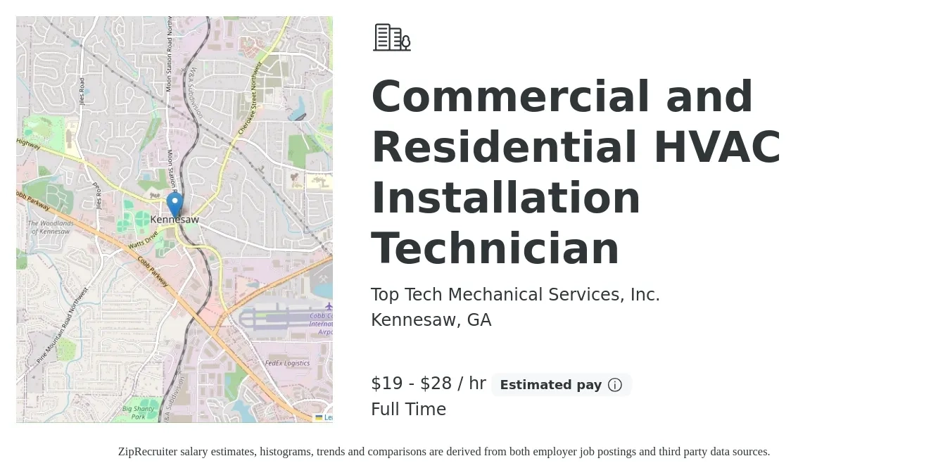 Top Tech Mechanical Services, Inc. job posting for a Commercial and Residential HVAC Installation Technician in Kennesaw, GA with a salary of $20 to $30 Hourly with a map of Kennesaw location.