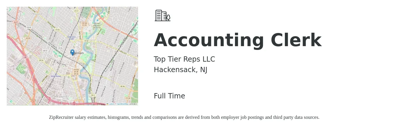 Top Tier Reps LLC job posting for a Accounting Clerk in Hackensack, NJ with a salary of $20 to $26 Hourly with a map of Hackensack location.