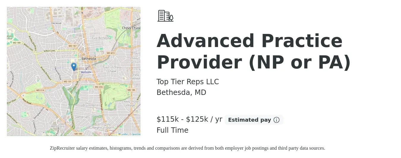 Top Tier Reps LLC job posting for a Advanced Practice Provider (NP or PA) in Bethesda, MD with a salary of $115,000 to $125,000 Yearly with a map of Bethesda location.