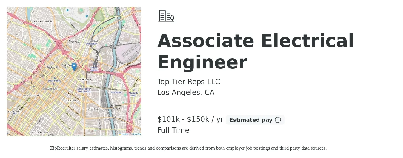 Top Tier Reps LLC job posting for a Associate Electrical Engineer in Los Angeles, CA with a salary of $101,000 to $150,000 Yearly with a map of Los Angeles location.