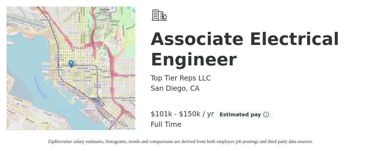 Top Tier Reps LLC job posting for a Associate Electrical Engineer in San Diego, CA with a salary of $101,000 to $150,000 Yearly with a map of San Diego location.