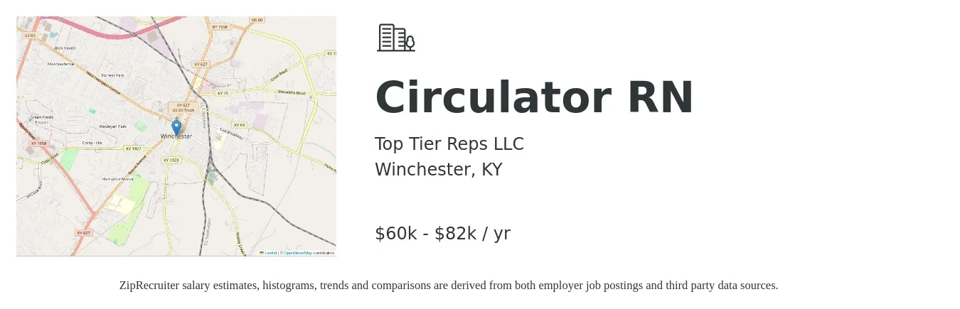 Top Tier Reps LLC job posting for a Circulator RN in Winchester, KY with a salary of $60,000 to $82,000 Yearly with a map of Winchester location.
