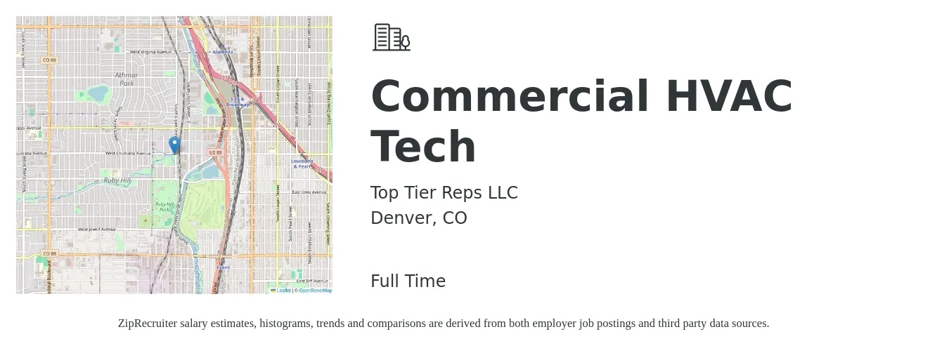 Top Tier Reps LLC job posting for a Commercial HVAC Tech in Denver, CO with a salary of $48 Hourly with a map of Denver location.