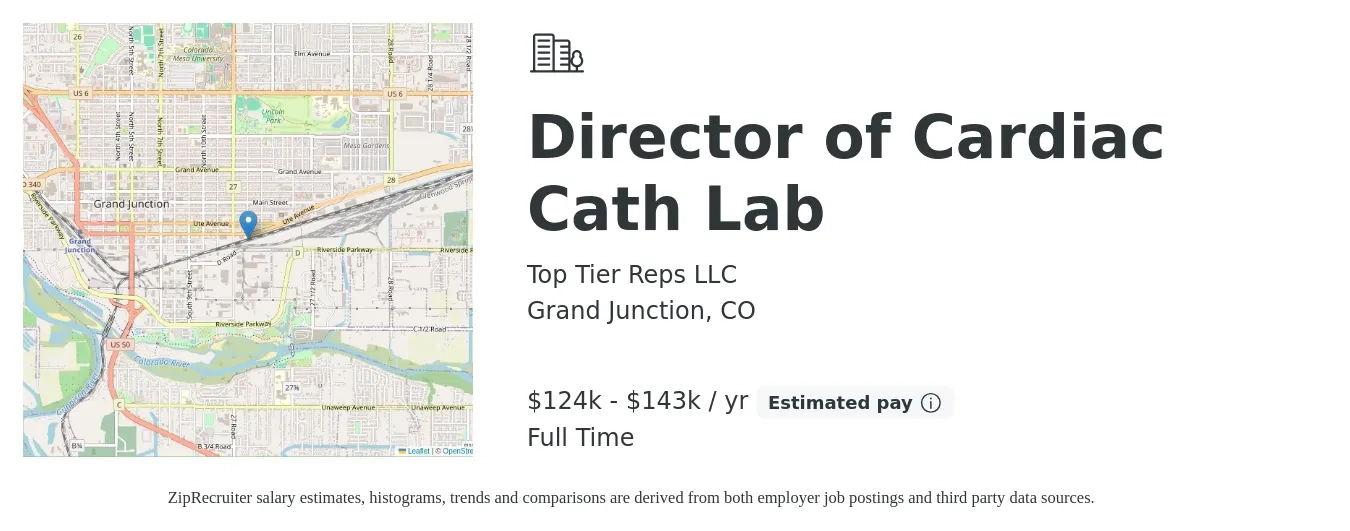 Top Tier Reps LLC job posting for a Director of Cardiac Cath Lab in Grand Junction, CO with a salary of $124,800 to $143,520 Yearly with a map of Grand Junction location.