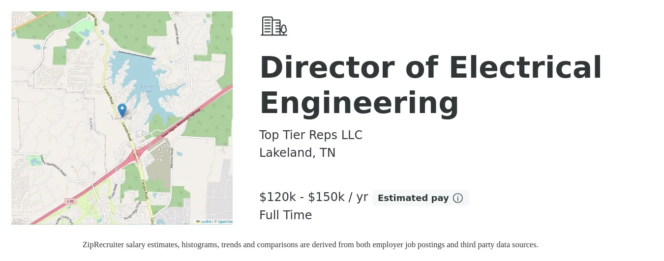 Top Tier Reps LLC job posting for a Director of Electrical Engineering in Lakeland, TN with a salary of $120,000 to $150,000 Yearly with a map of Lakeland location.