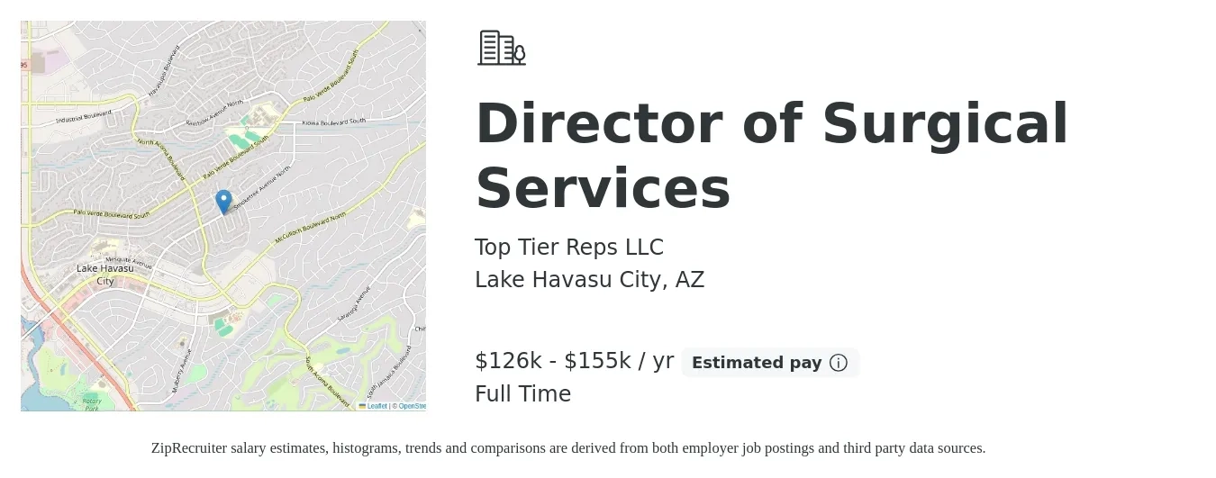 Top Tier Reps LLC job posting for a Director of Surgical Services in Lake Havasu City, AZ with a salary of $126,000 to $155,000 Yearly with a map of Lake Havasu City location.