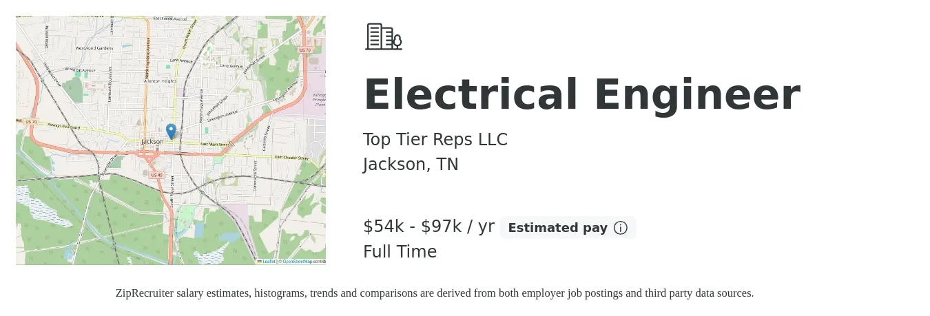 Top Tier Reps LLC job posting for a Electrical Engineer in Jackson, TN with a salary of $54,000 to $97,000 Yearly with a map of Jackson location.