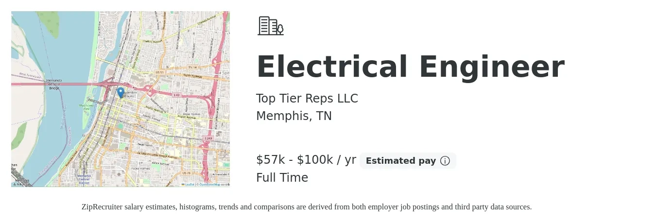 Top Tier Reps LLC job posting for a Electrical Engineer in Memphis, TN with a salary of $57,000 to $100,000 Yearly with a map of Memphis location.