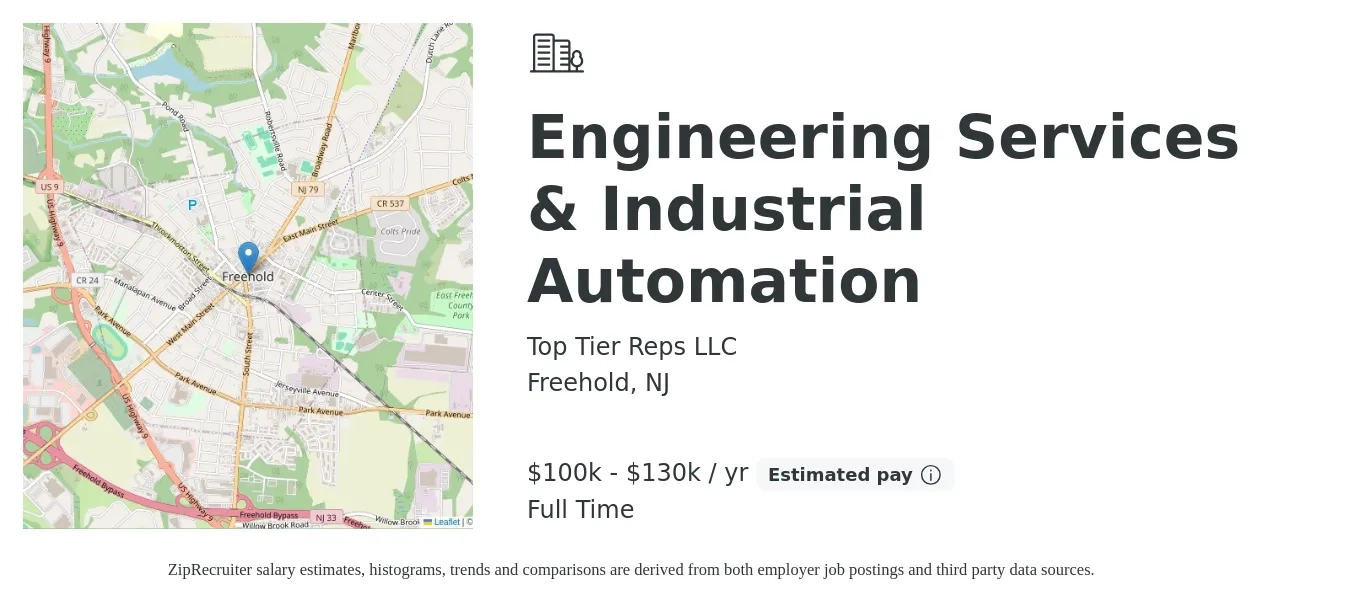 Top Tier Reps LLC job posting for a Engineering Services & Industrial Automation in Freehold, NJ with a salary of $100,000 to $130,000 Yearly with a map of Freehold location.