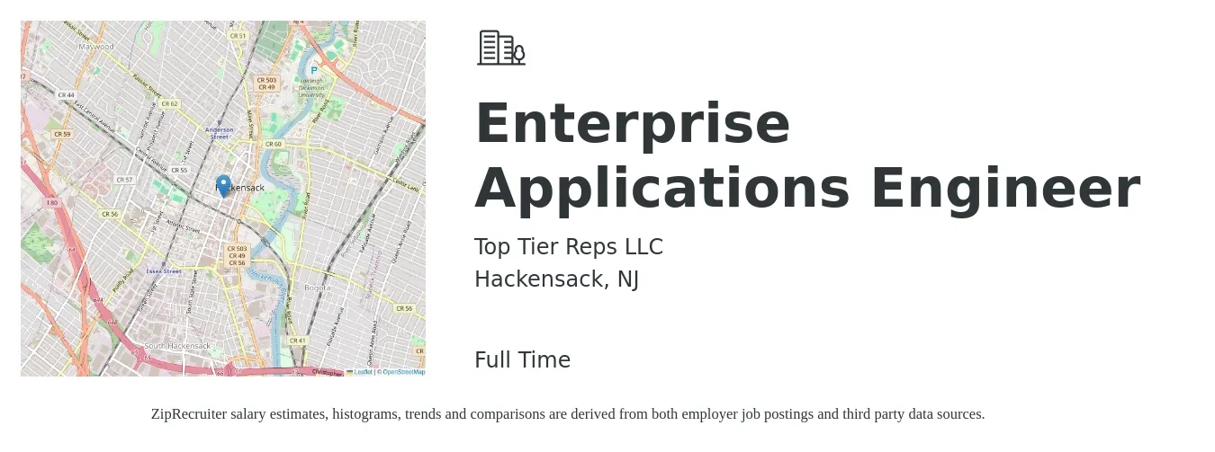 Top Tier Reps LLC job posting for a Enterprise Applications Engineer in Hackensack, NJ with a salary of $91,300 to $146,700 Yearly with a map of Hackensack location.